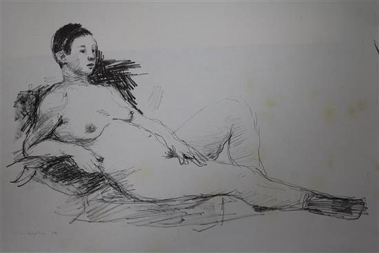 Aat Veldhoen, four pen and ink nude studies and a drawing of a woman at a sewing machine, largest 35 x 49cm